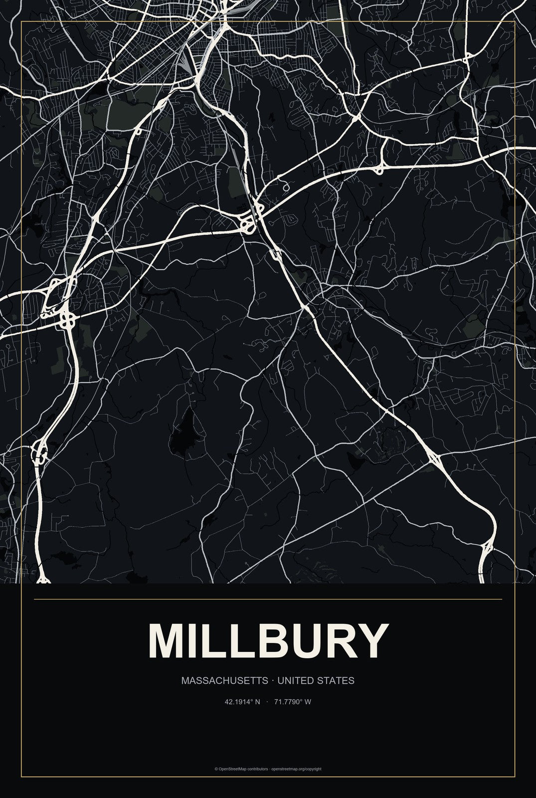 Millbury, Massachusetts City Map Aluminum Sign in Metropolitan Noir style