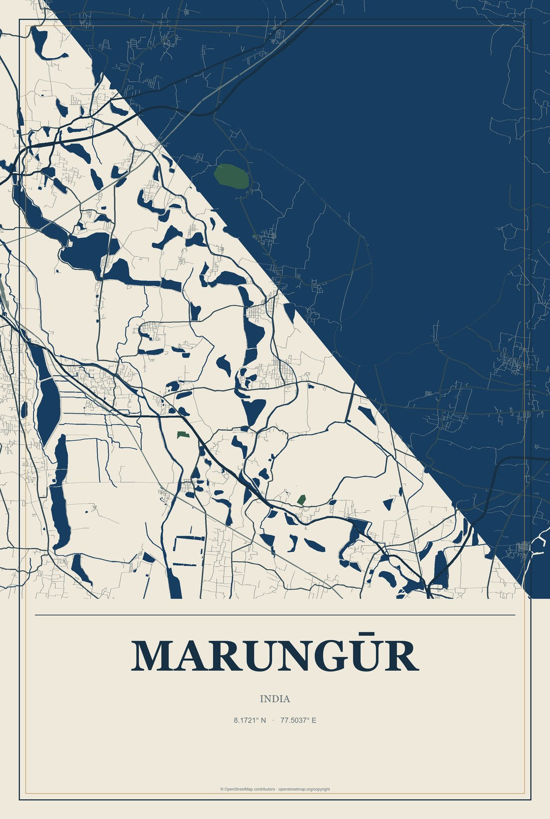Marungūr, India City Map Aluminum Sign in Coastal Cutout style