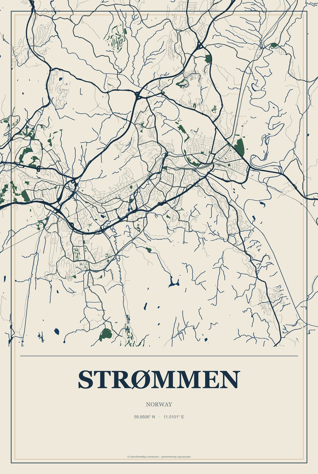 Strømmen, Norway City Map Aluminum Sign in Coastal Cutout style