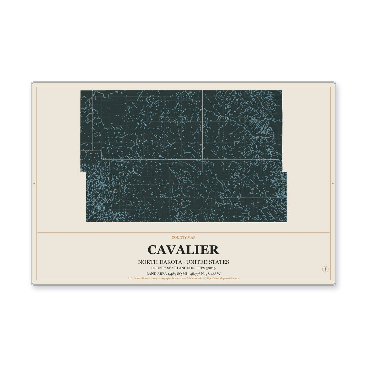 Cavalier County, North Dakota Map Aluminum Sign in Headline Atlas style