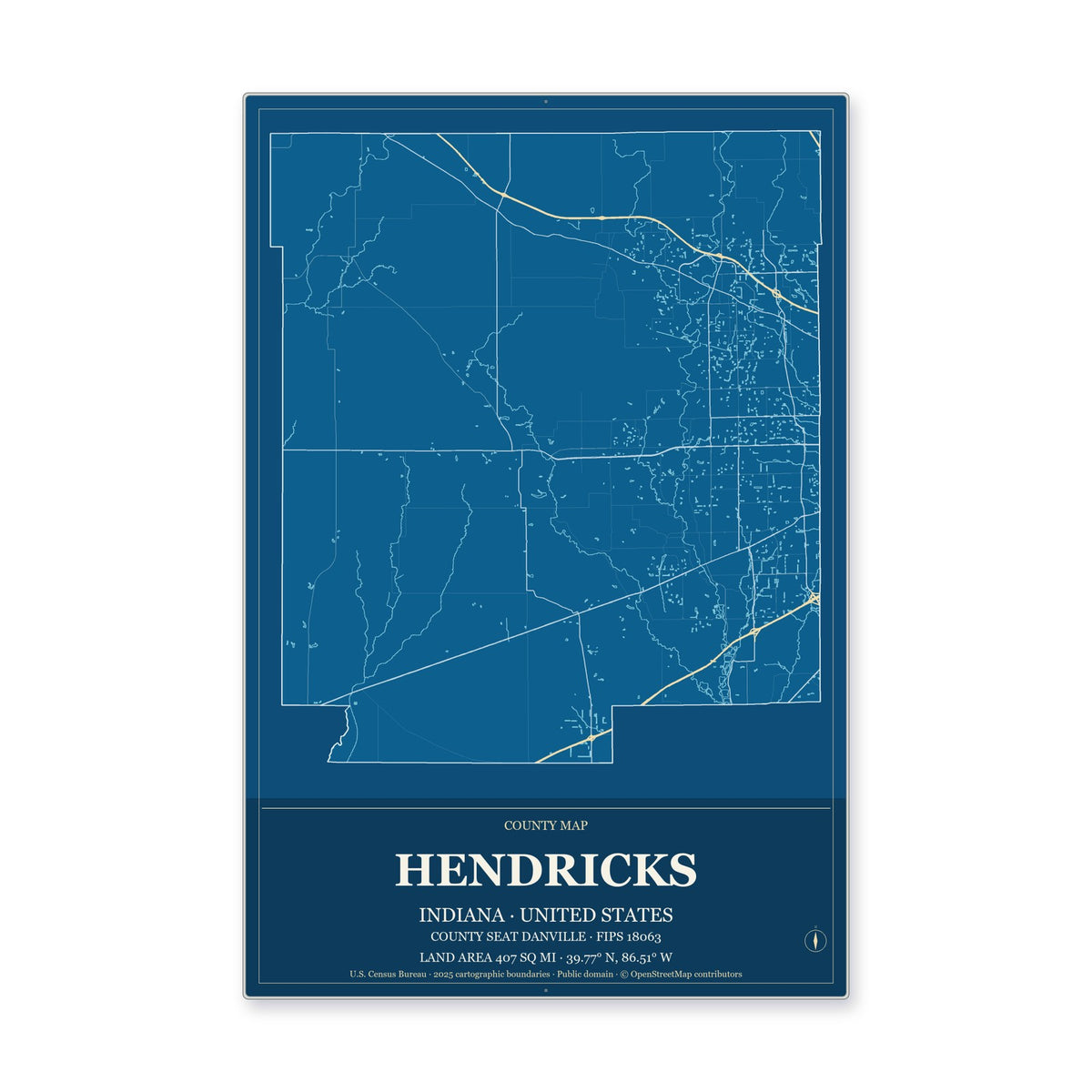 Hendricks County, Indiana Map Aluminum Sign in Harbor Cobalt style