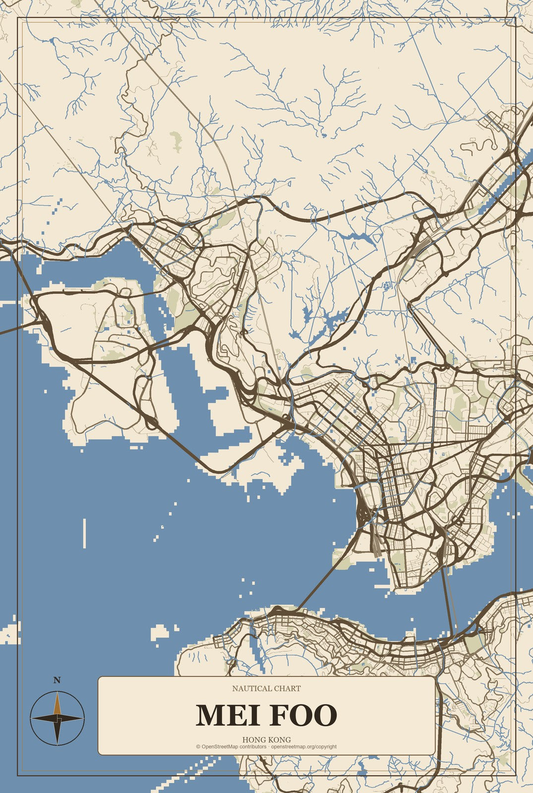 Mei Foo, Hong Kong City Map Aluminum Sign in Heritage Nautical style