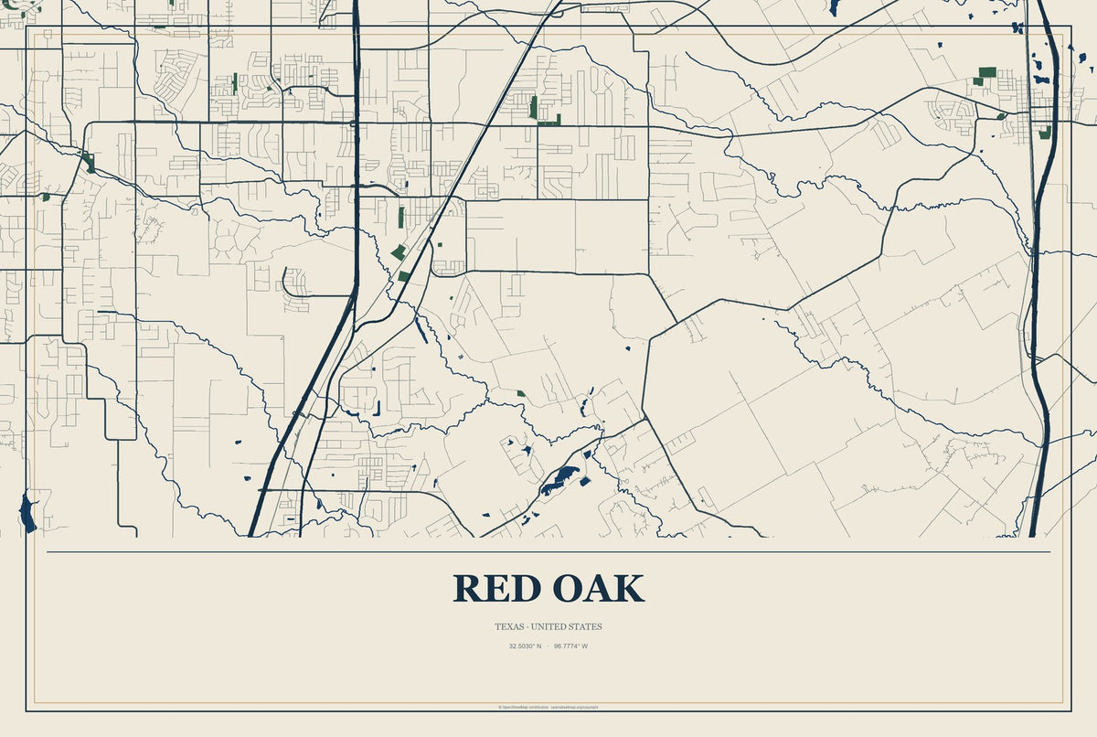 Red Oak, Texas City Map Aluminum Sign in Coastal Cutout style