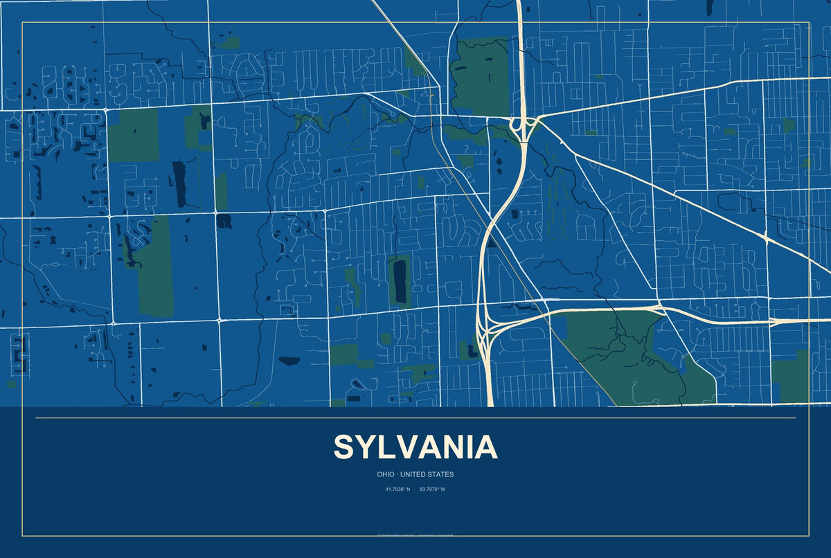 Sylvania, Ohio City Map Aluminum Sign in Harbor Cobalt style