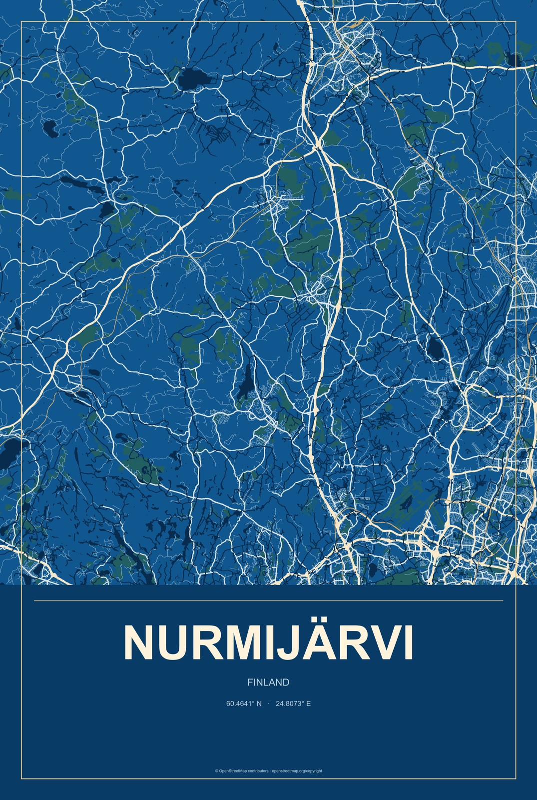 Nurmijärvi, Finland City Map Aluminum Sign in Harbor Cobalt style