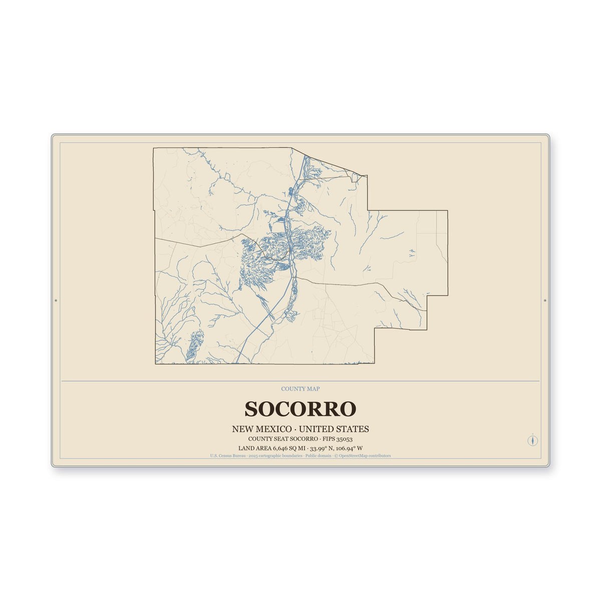 Socorro County, New Mexico Map Aluminum Sign in Heritage Nautical style
