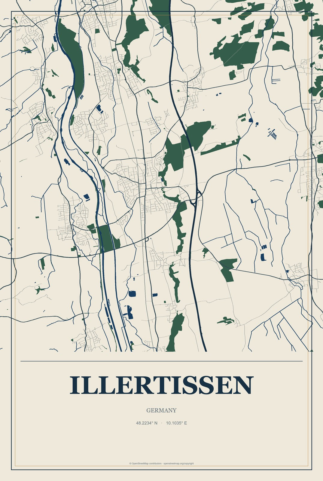 Illertissen, Germany City Map Aluminum Sign in Coastal Cutout style