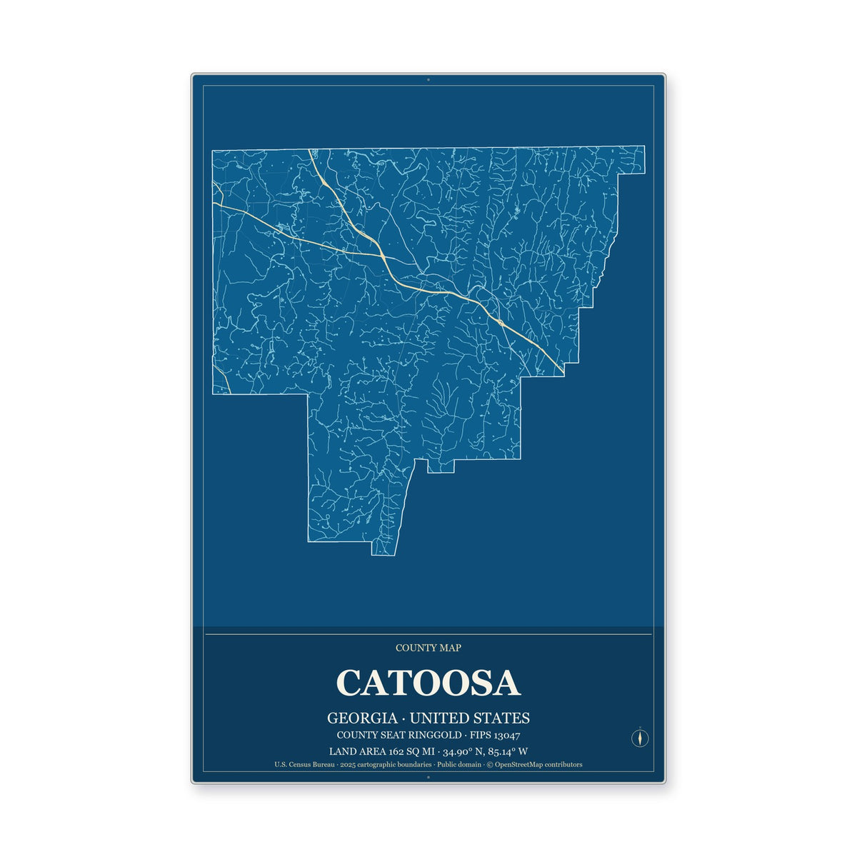 Catoosa County, Georgia Map Aluminum Sign in Harbor Cobalt style
