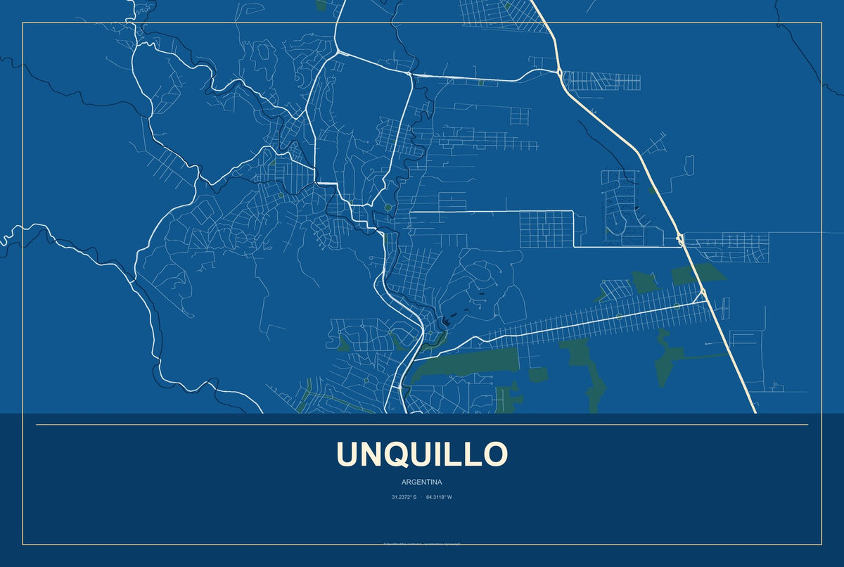 Unquillo, Argentina City Map Aluminum Sign in Harbor Cobalt style