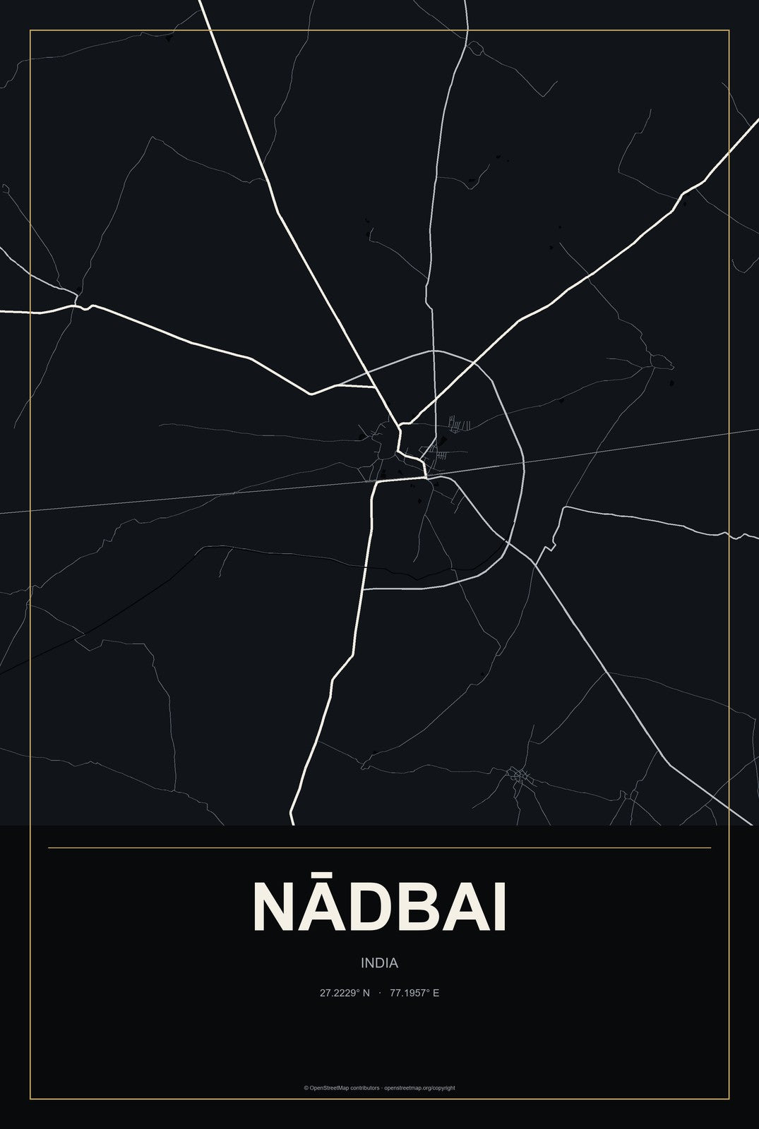 Nādbai, India City Map Aluminum Sign in Metropolitan Noir style