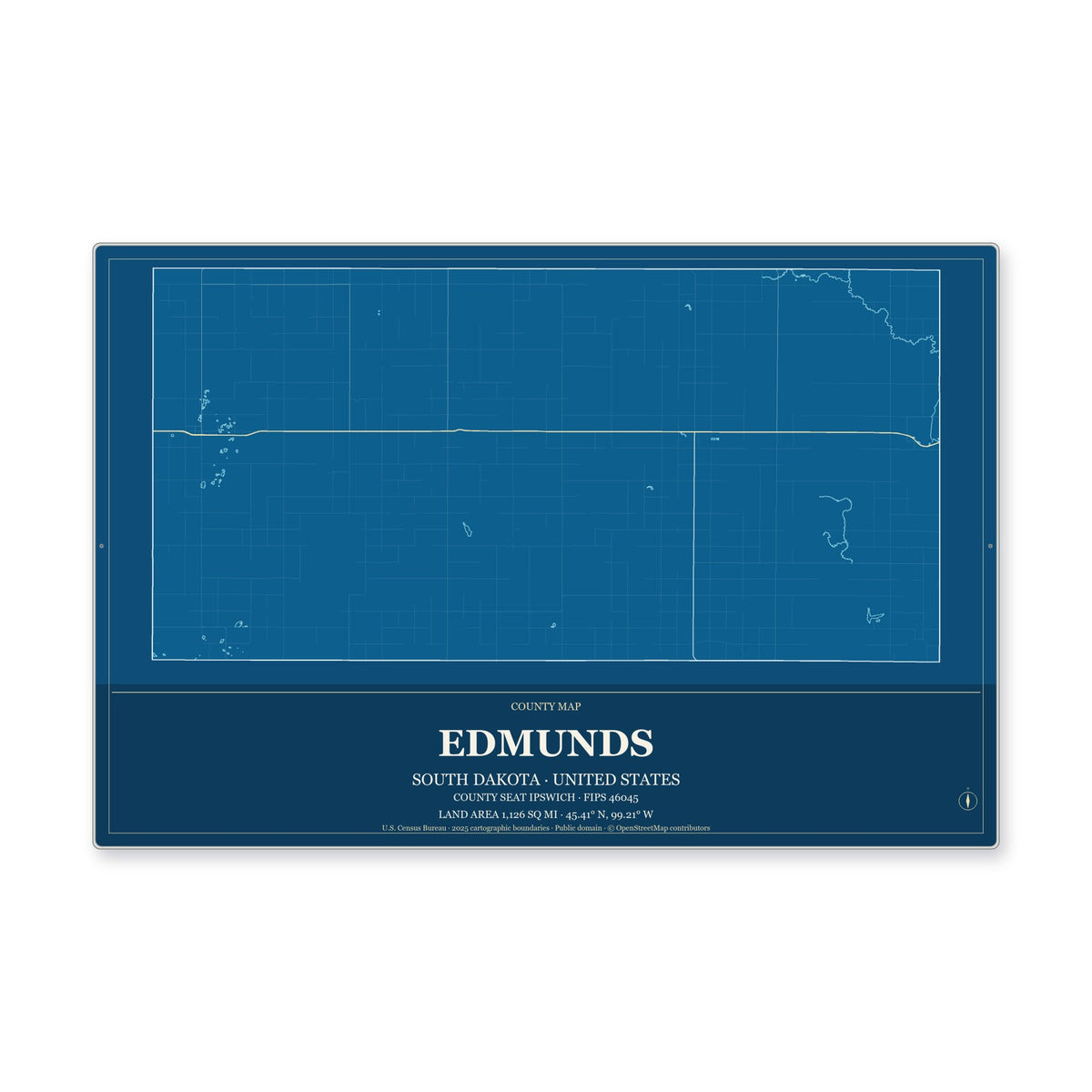 Edmunds County, South Dakota Map Aluminum Sign in Harbor Cobalt style