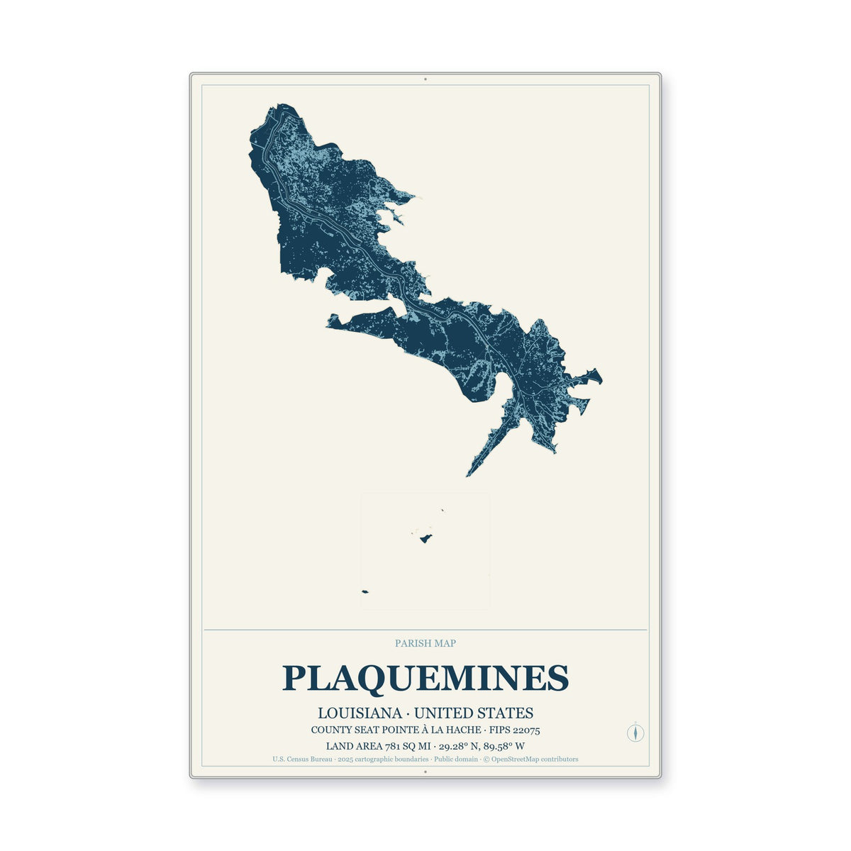 Plaquemines Parish, Louisiana Map Aluminum Sign in Coastal Cutout style