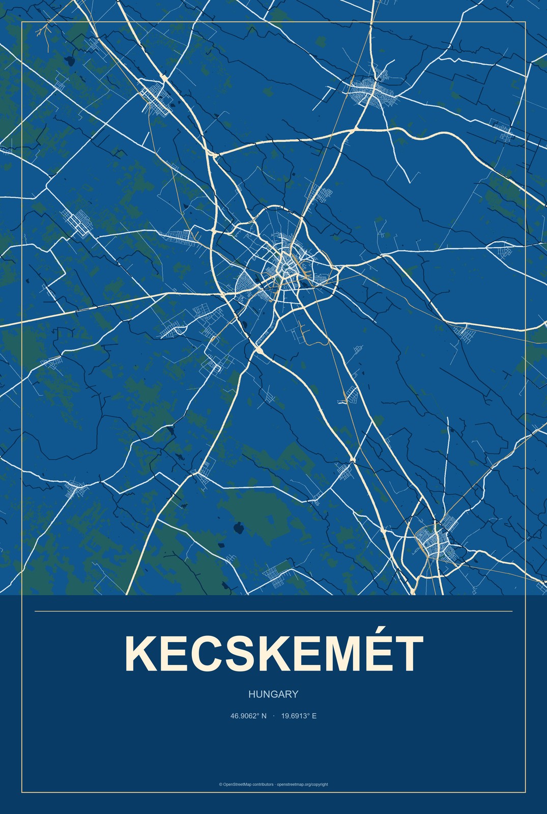 Kecskemét, Hungary City Map Aluminum Sign in Harbor Cobalt style