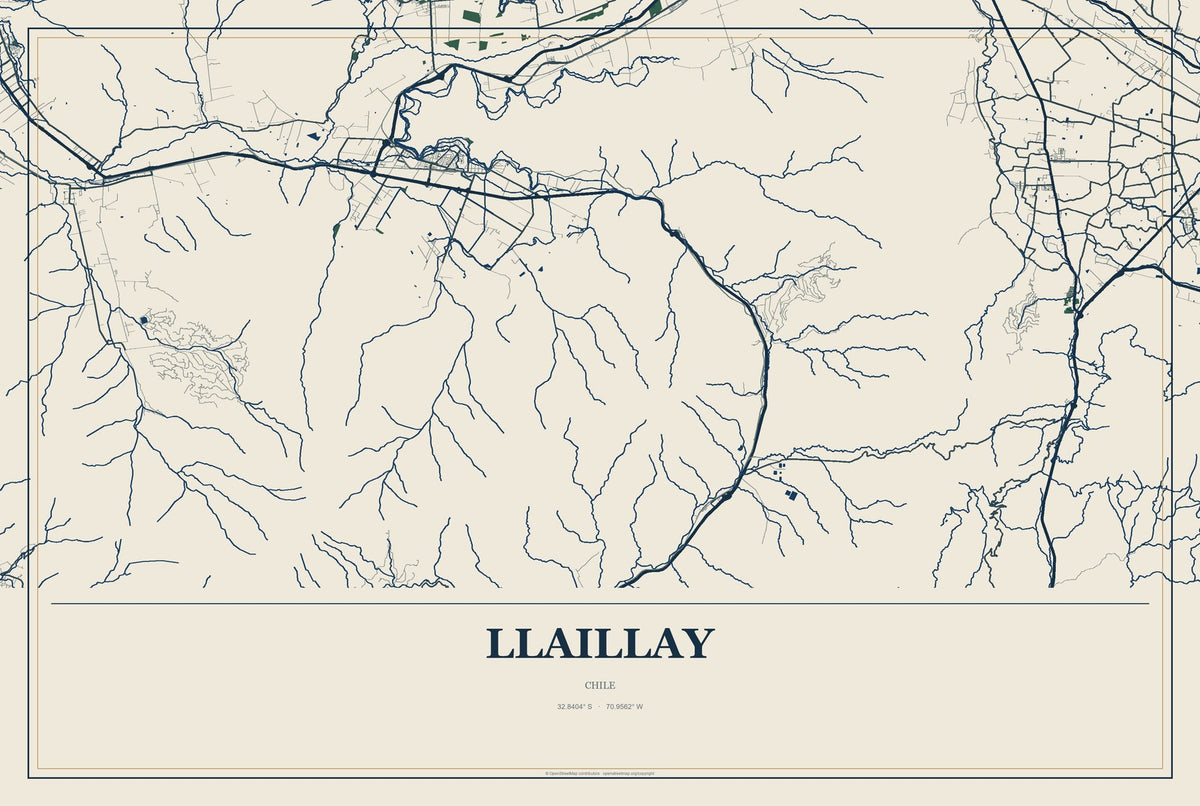 Llaillay, Chile City Map Aluminum Sign in Coastal Cutout style