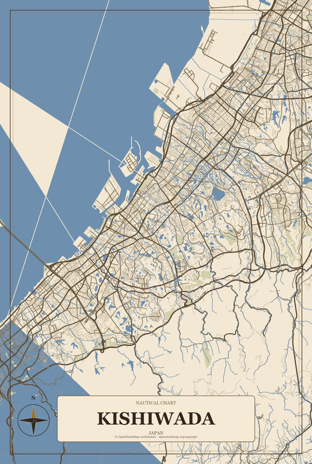 Kishiwada, Japan City Map Aluminum Sign in Heritage Nautical style