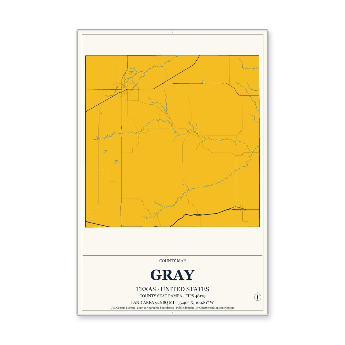 Gray County, Texas Map Aluminum Sign in Citrine Modern style