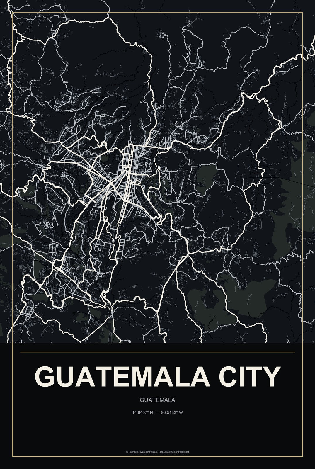 Guatemala City, Guatemala City Map Aluminum Sign in Metropolitan Noir style
