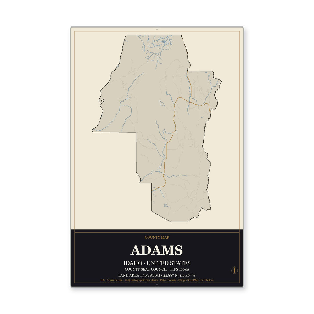 Adams County, Idaho Map Aluminum Sign in Museum Plaque style