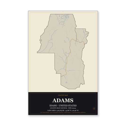 Adams County, Idaho Map Aluminum Sign in Museum Plaque style