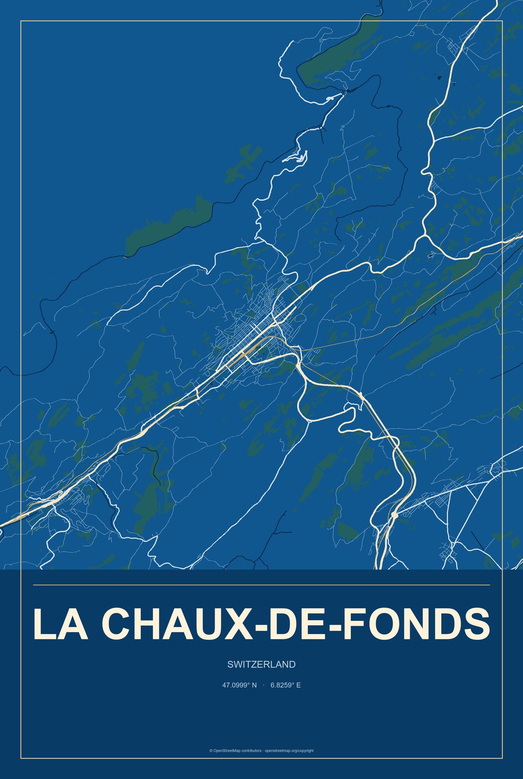 La Chaux-de-Fonds, Switzerland City Map Aluminum Sign in Harbor Cobalt style