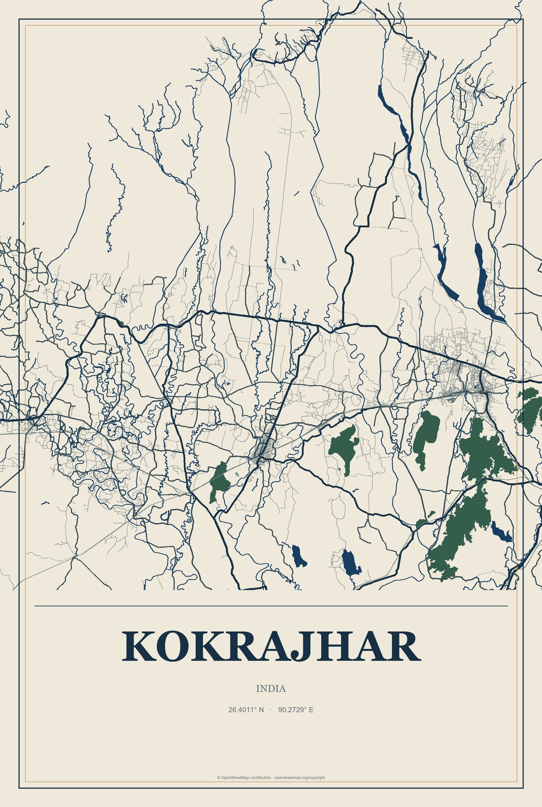 Kokrajhar, India City Map Aluminum Sign in Coastal Cutout style