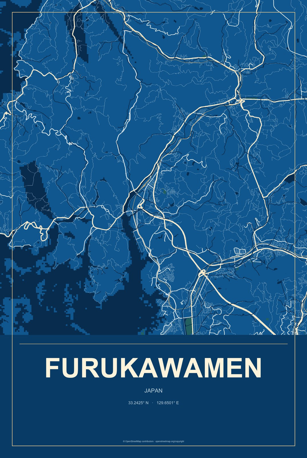 Furukawamen, Japan City Map Aluminum Sign in Harbor Cobalt style