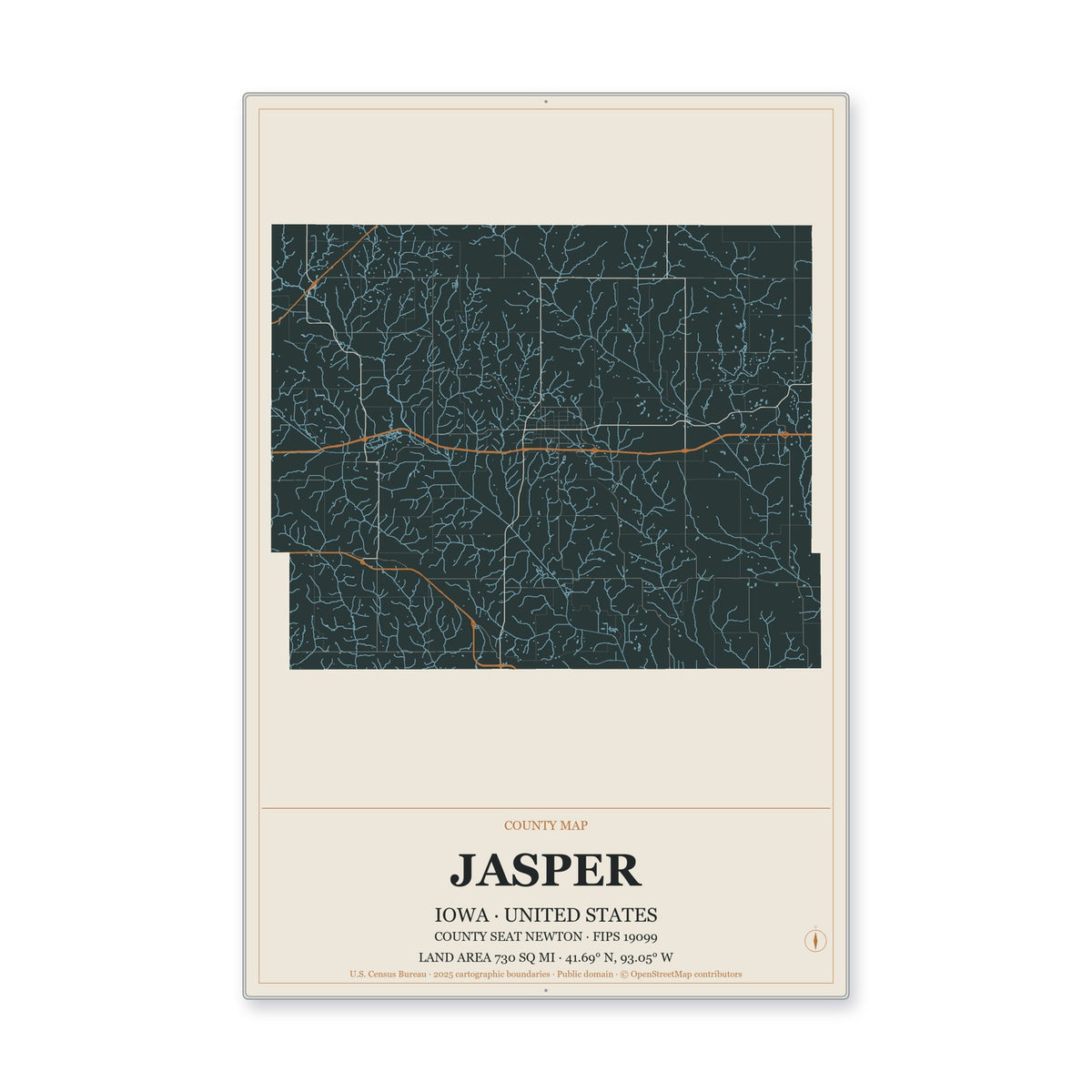 Jasper County, Iowa Map Aluminum Sign in Headline Atlas style