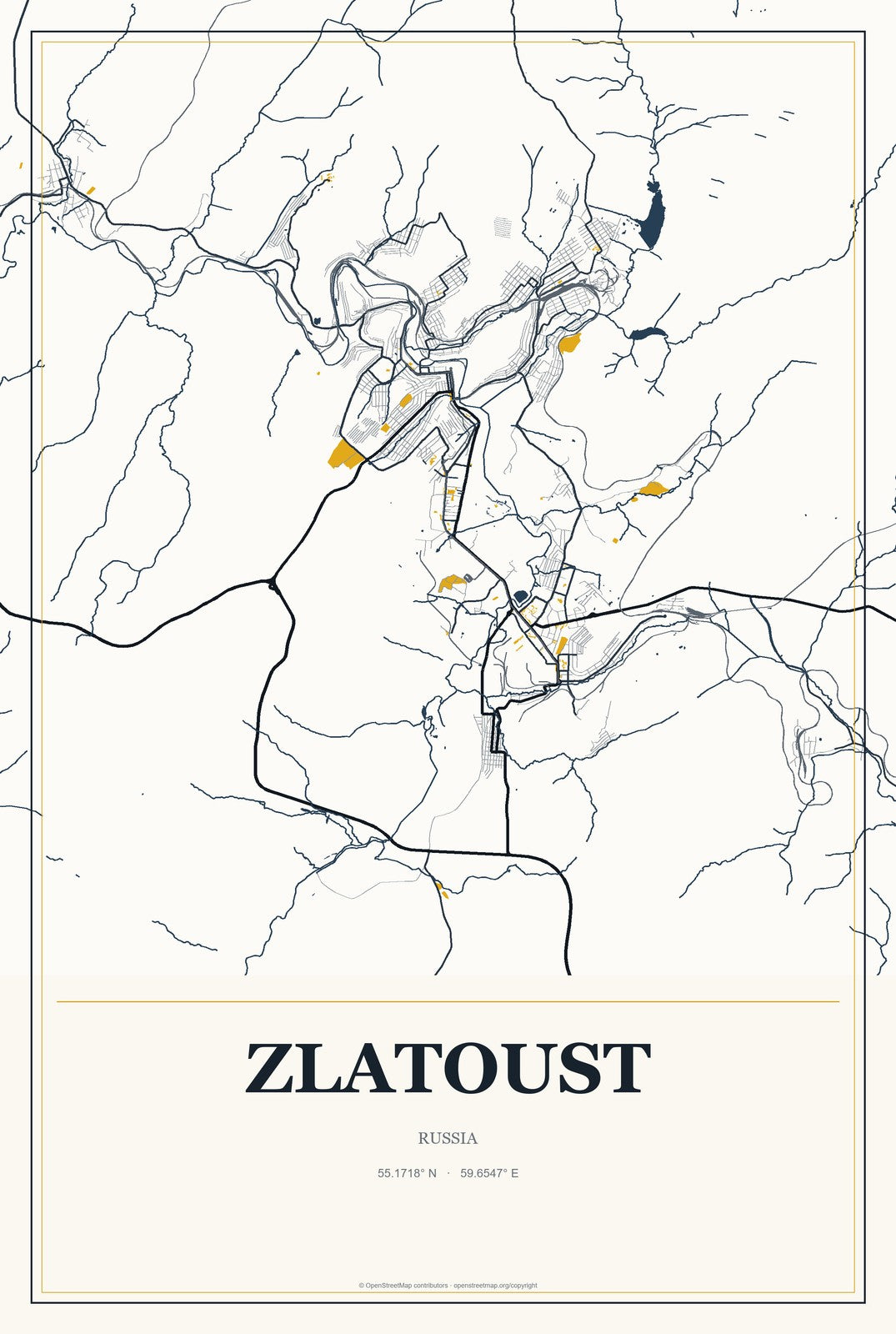 Zlatoust, Russia City Map Aluminum Sign in Citrine Modern style