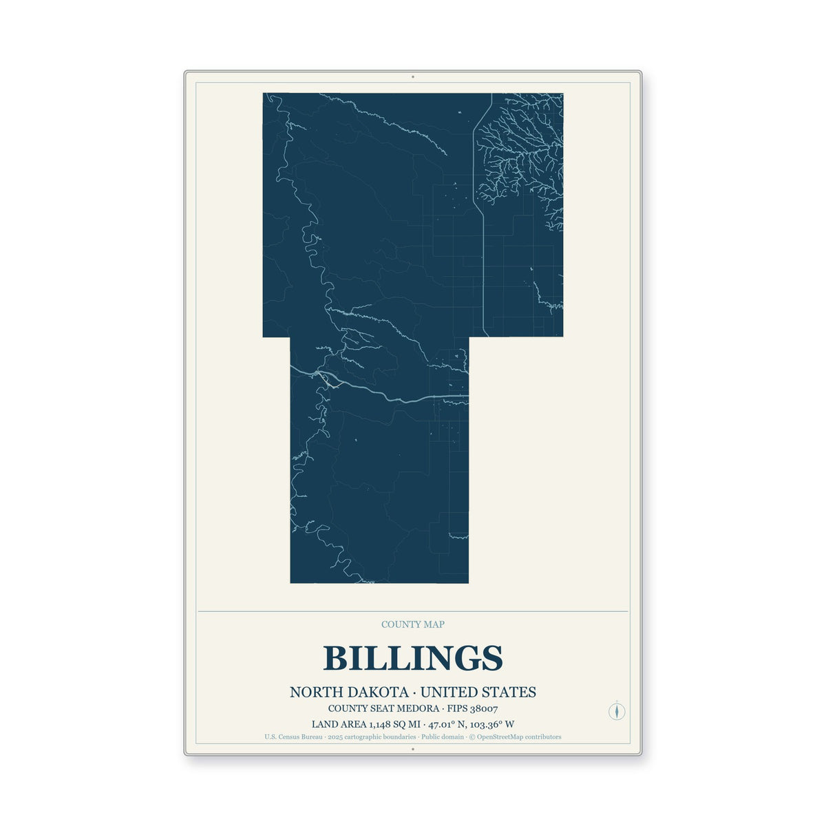 Billings County, North Dakota Map Aluminum Sign in Coastal Cutout style