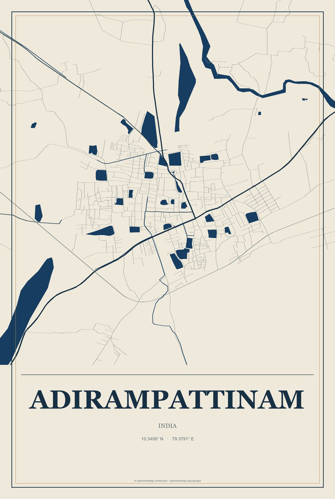 Adirampattinam, India City Map Aluminum Sign in Coastal Cutout style