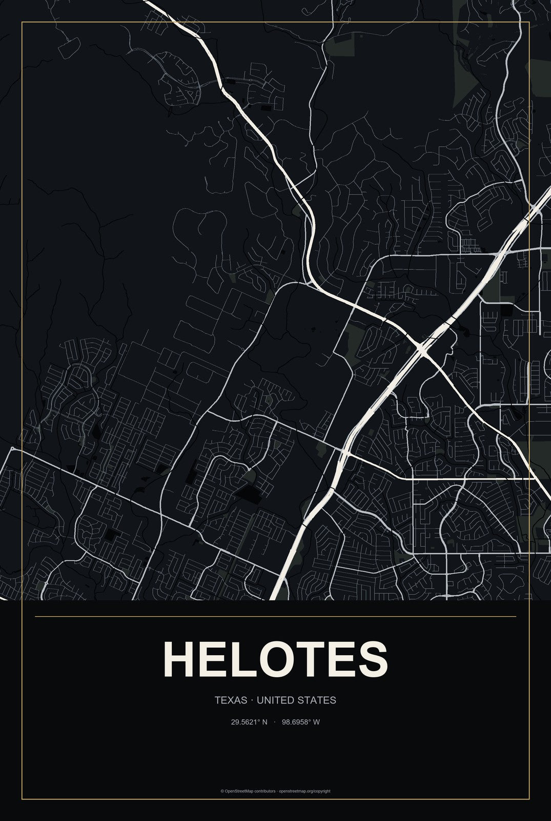 Helotes, Texas City Map Aluminum Sign in Metropolitan Noir style
