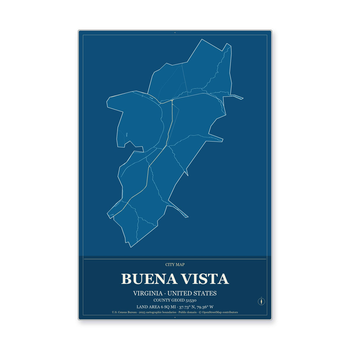 Buena Vista city, Virginia Map Aluminum Sign in Harbor Cobalt style