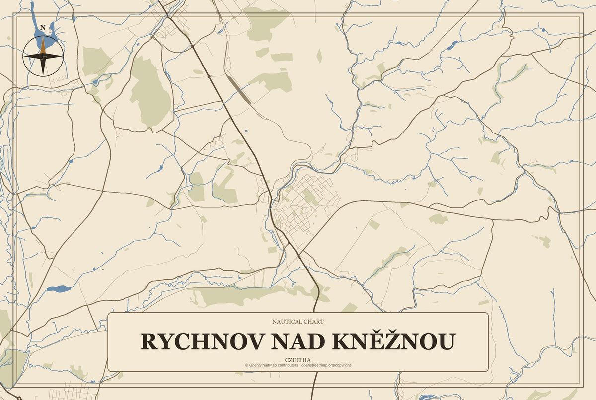 Rychnov nad Kněžnou, Czechia City Map Aluminum Sign in Heritage Nautical style