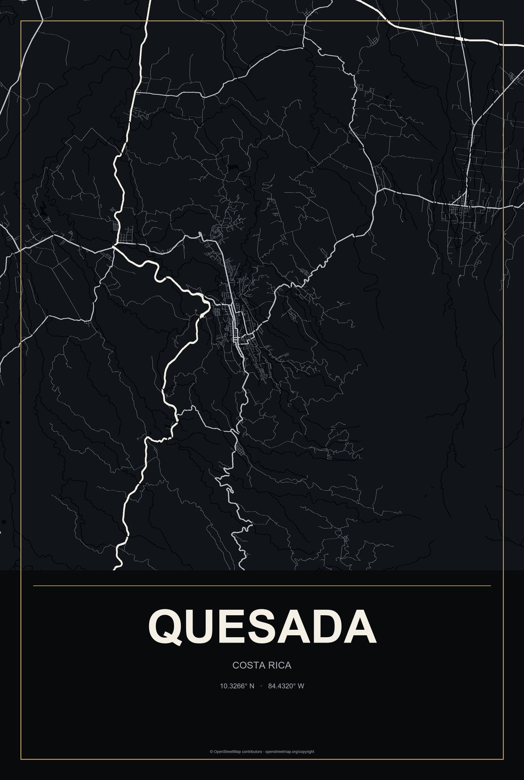 Quesada, Costa Rica City Map Aluminum Sign in Metropolitan Noir style