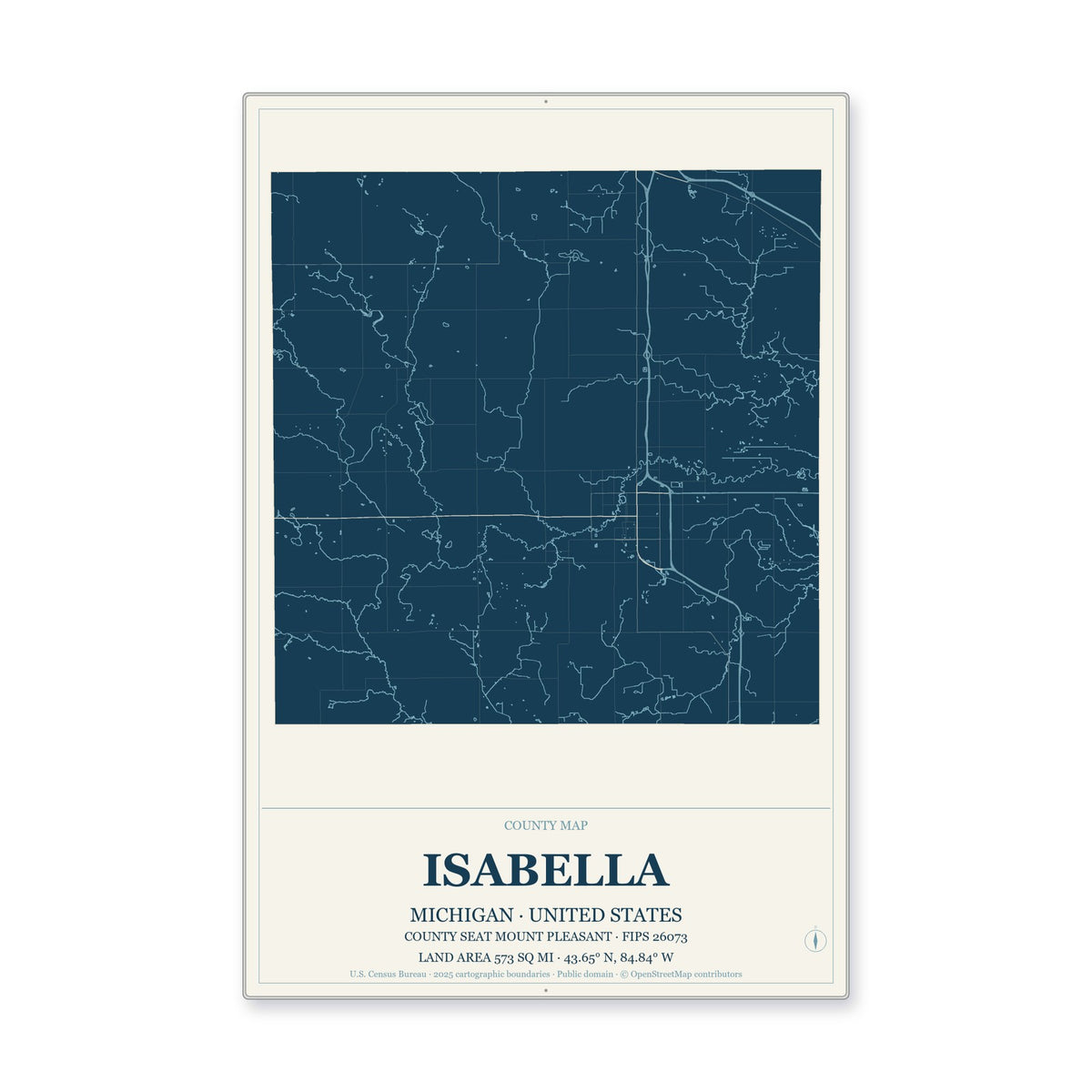 Isabella County, Michigan Map Aluminum Sign in Coastal Cutout style