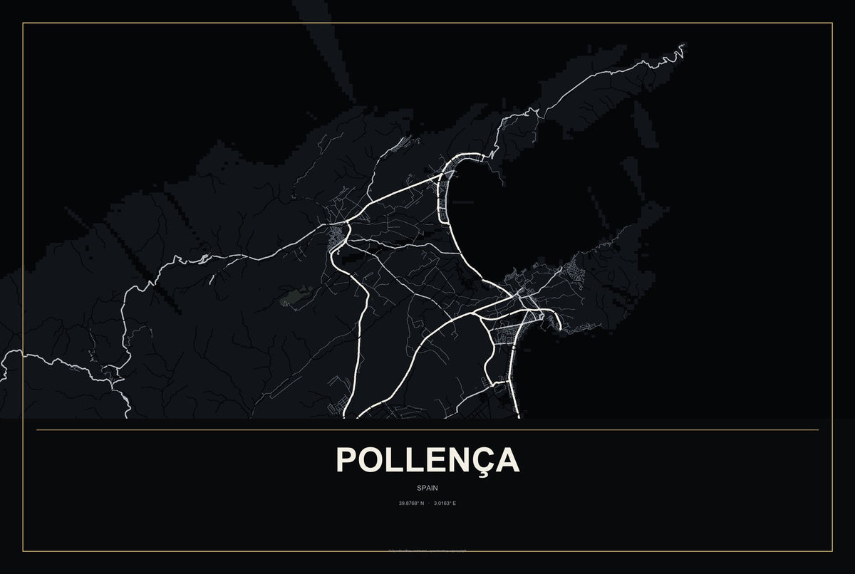 Pollença, Spain City Map Aluminum Sign in Metropolitan Noir style