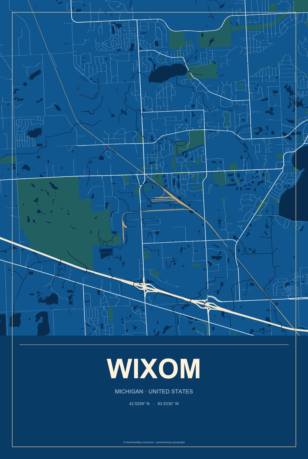 Wixom, Michigan City Map Aluminum Sign in Harbor Cobalt style