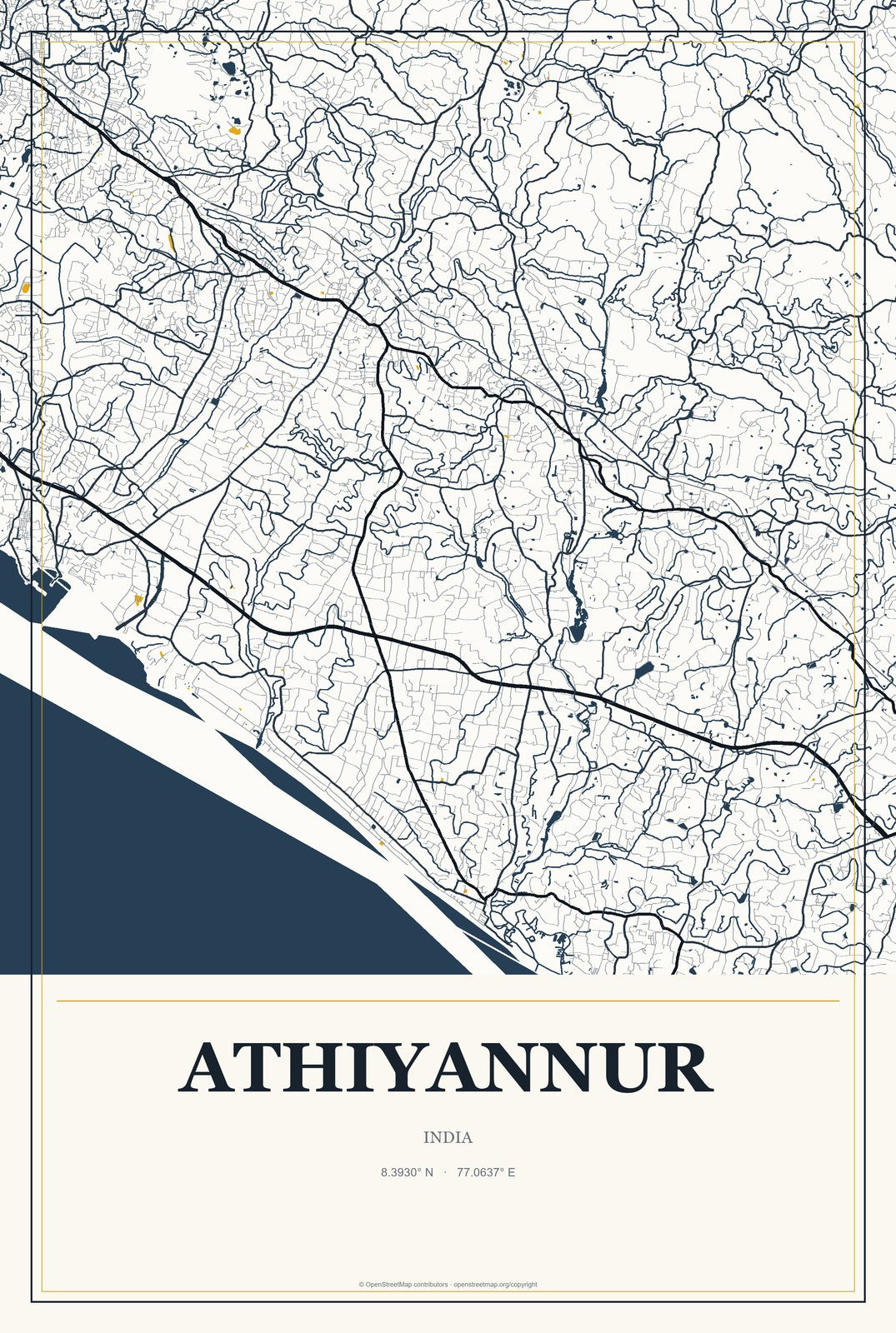 Athiyannur, India City Map Aluminum Sign in Citrine Modern style