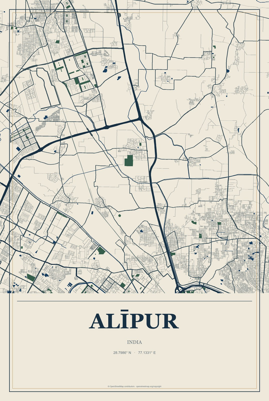 Alīpur, India City Map Aluminum Sign in Coastal Cutout style