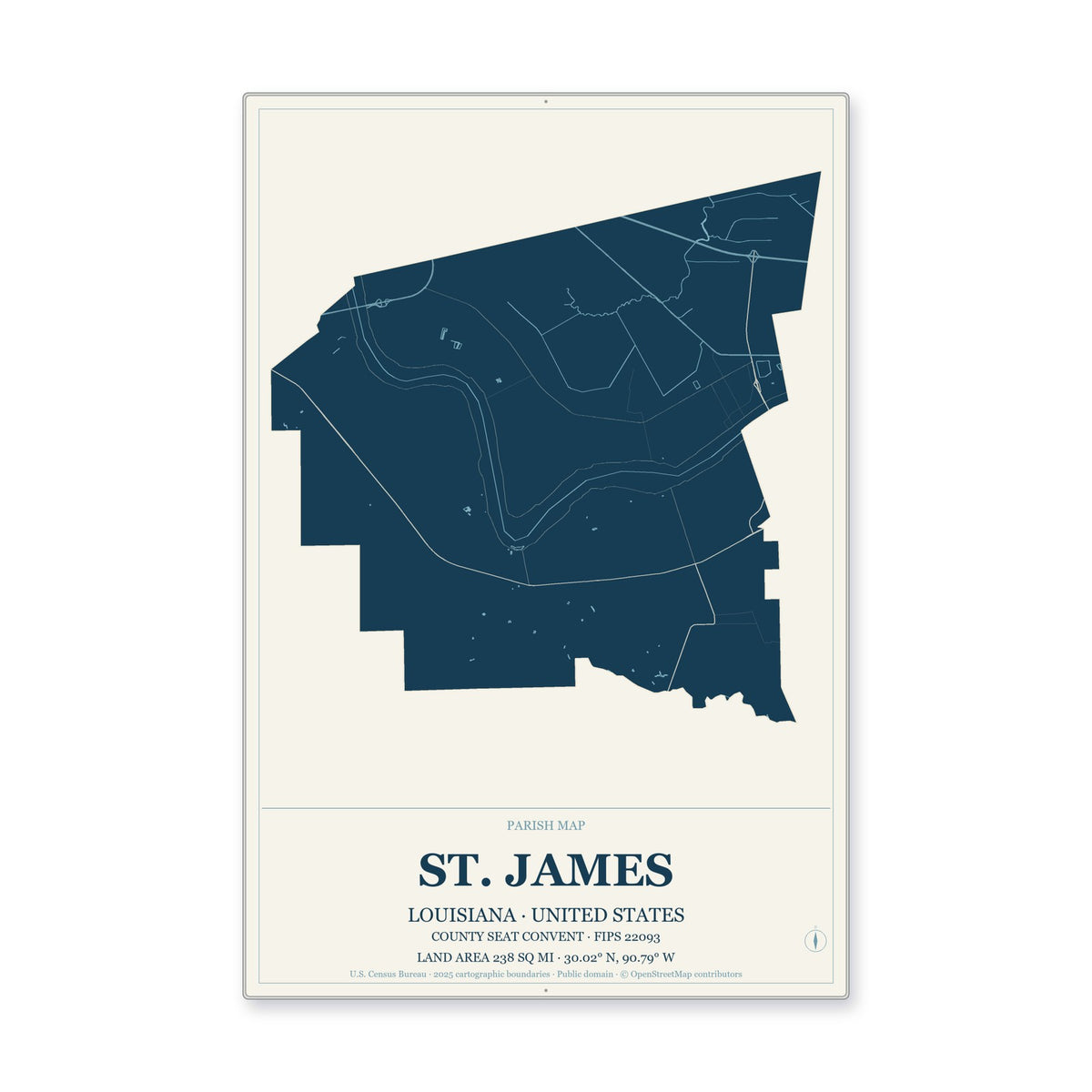 St. James Parish, Louisiana Map Aluminum Sign in Coastal Cutout style