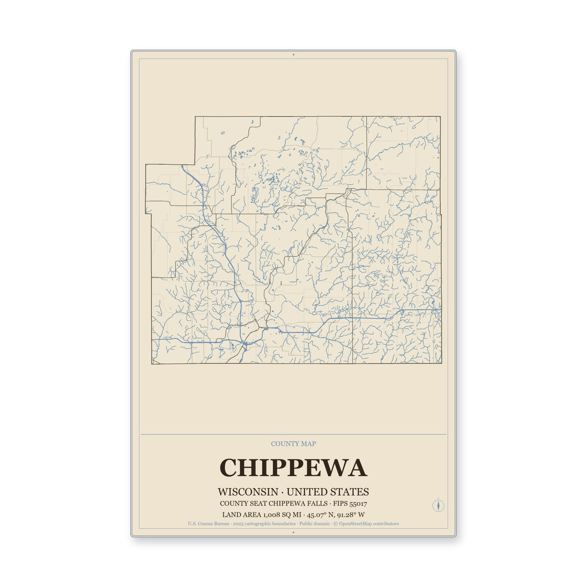 Chippewa County, Wisconsin Map Aluminum Sign in Heritage Nautical style