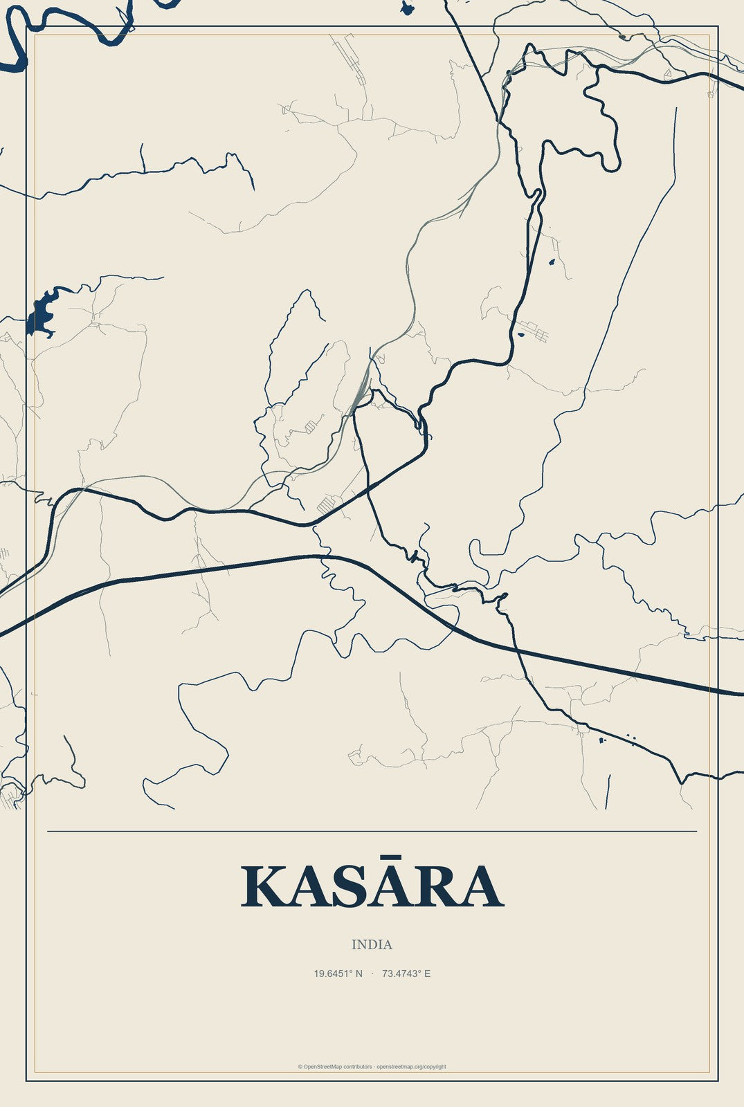 Kasāra, India City Map Aluminum Sign in Coastal Cutout style