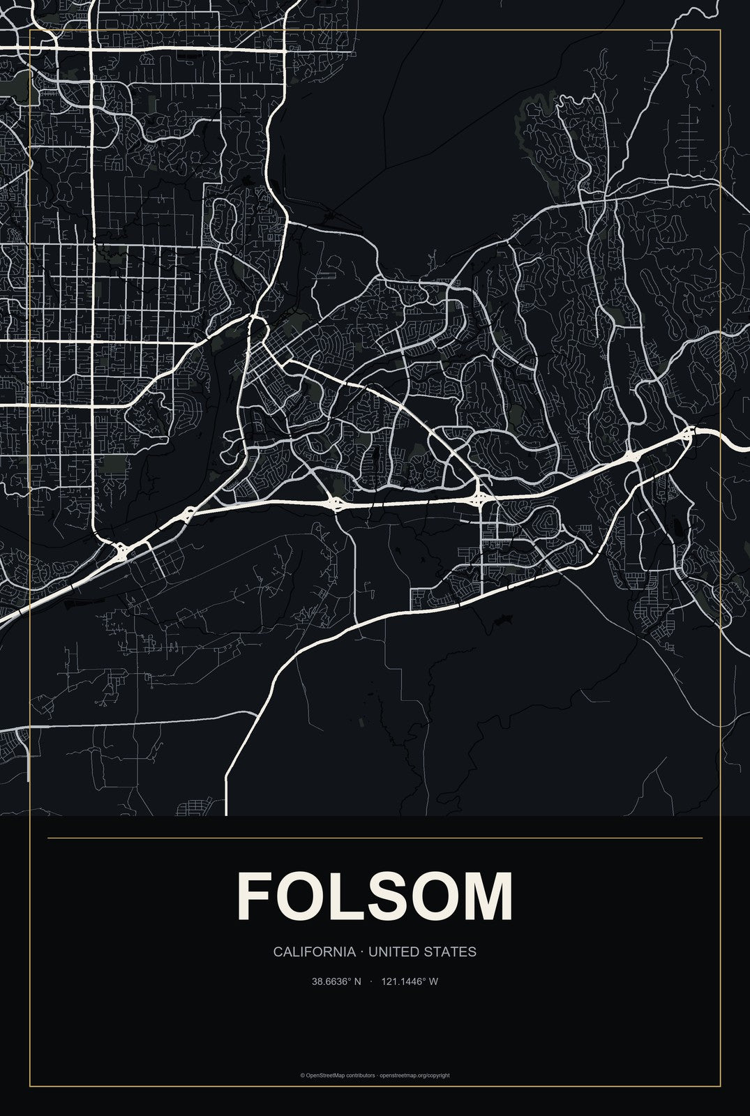 Folsom, California City Map Aluminum Sign in Metropolitan Noir style