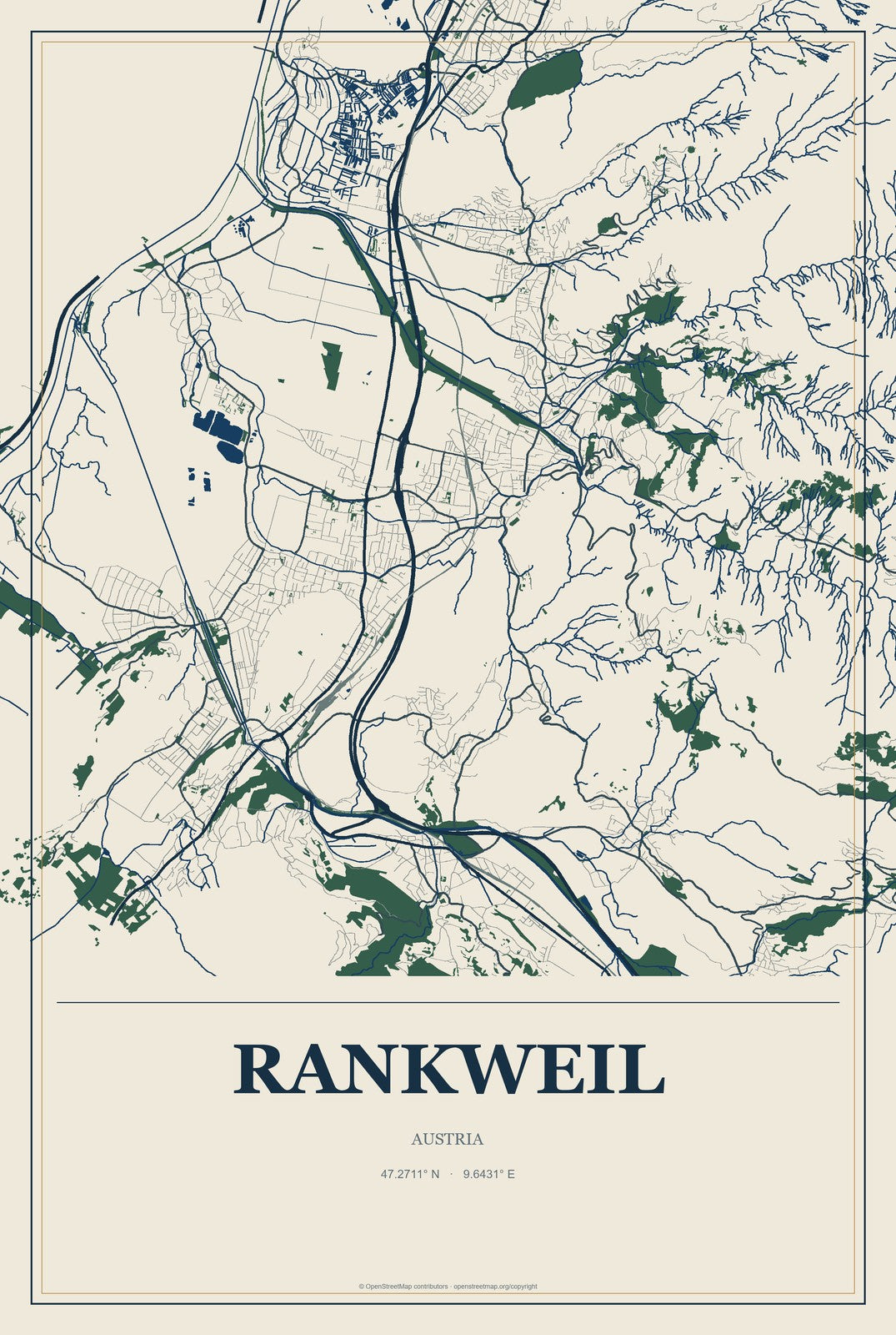 Rankweil, Austria City Map Aluminum Sign in Coastal Cutout style