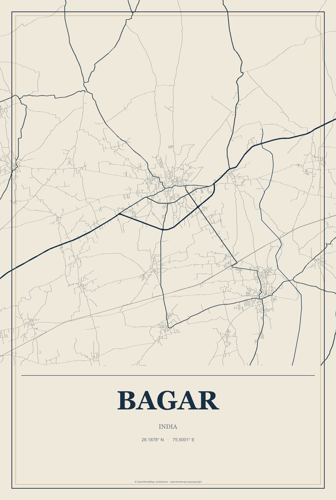Bagar, India City Map Aluminum Sign in Coastal Cutout style