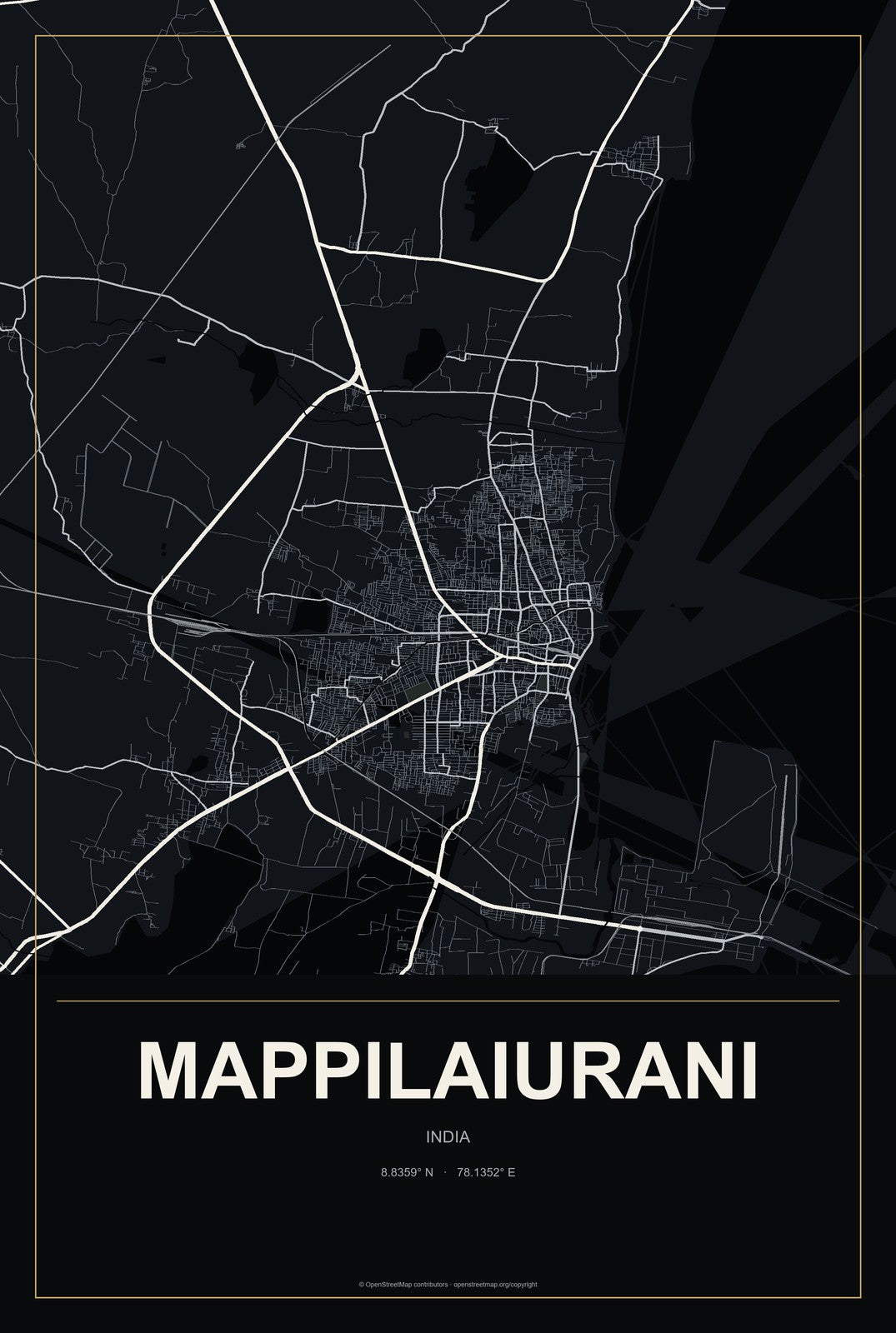 Mappilaiurani, India City Map Aluminum Sign in Metropolitan Noir style