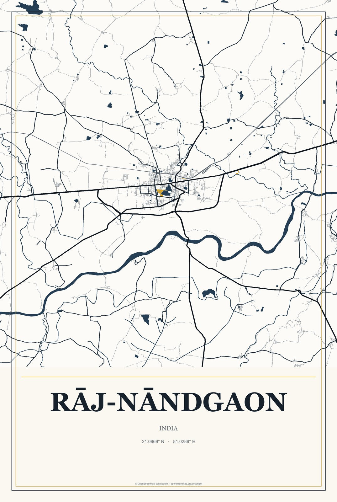 Rāj-Nāndgaon, India City Map Aluminum Sign in Citrine Modern style