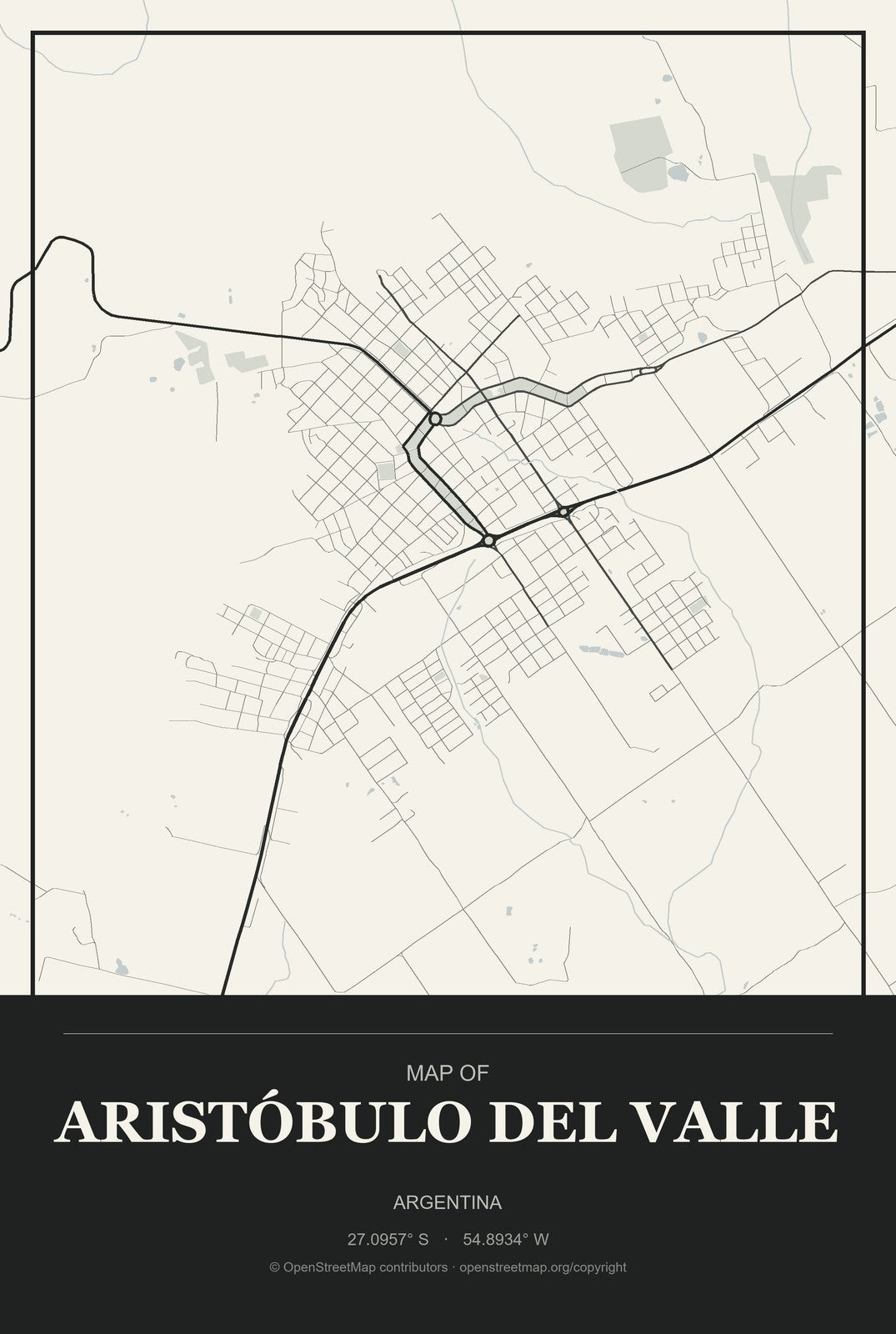 Aristóbulo del Valle, Argentina City Map Aluminum Sign in Museum Plaque style