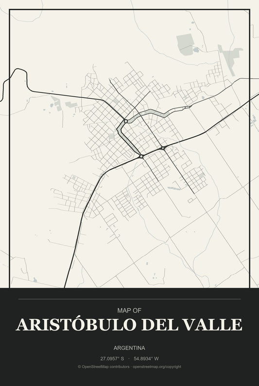 Aristóbulo del Valle, Argentina City Map Aluminum Sign in Museum Plaque style