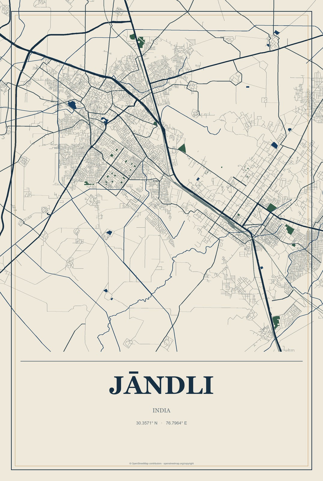 Jāndli, India City Map Aluminum Sign in Coastal Cutout style